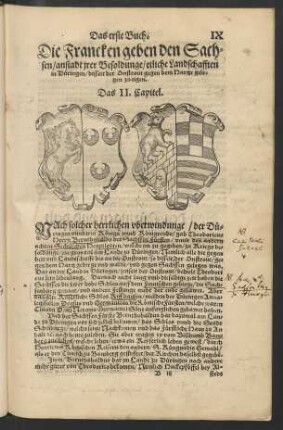 Die Francken geben den Sachsen/ anstadt ihrer Besoldunge/ etliche Landschafften in Düringen/ disseit der Onstrout gegen dem Hartze gelegen zu eigen. Das II. Capitel.