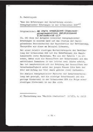 Aus den Erfahrungen der Durchführung sozial-demographischer Erhebungen in der Litauischen SSR