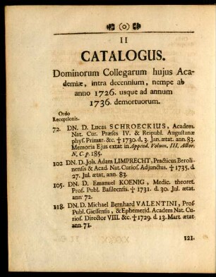II. Catalogus. Dominorum Collegarum hujus Academiae
