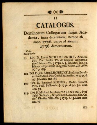 II. Catalogus. Dominorum Collegarum hujus Academiae