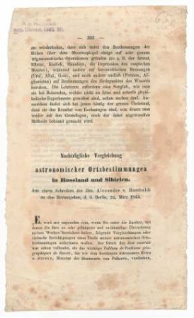 Nachträgliche Vergleichung astronomischer Ortsbestimmungen in Russland und Sibirien