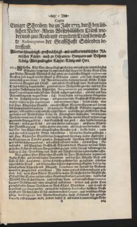 Copiæ Einiger Schreiben, die im Jahre 1713. durch den löblichen Nieder-Rhein-Westphälischen Cräyß wiederumb zum Reich und ermeltem Cräyß bewürckte Redintegration der Graffschafft Schleyden betreffend