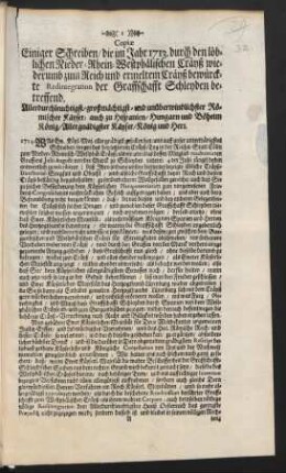 Copiæ Einiger Schreiben, die im Jahre 1713. durch den löblichen Nieder-Rhein-Westphälischen Cräyß wiederumb zum Reich und ermeltem Cräyß bewürckte Redintegration der Graffschafft Schleyden betreffend