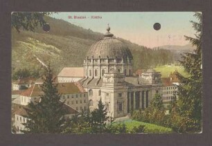 Glückwunschpostkarte mit diversen Unterschriften und dem Motiv des Doms St. Blasius in St. Blasien, verschiedene Unterschriften, an Hermann Hummel, 1 Postkarte