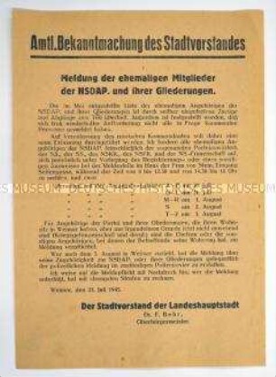Bekanntmachung des Stadtvorstandes Weimar zur Meldepflicht für ehemalige Mitglieder der NSDAP und ihrer Gliederorganisationen