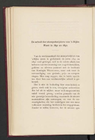 De arbeid der stempelsnijders van 's Rijks Munt in 1891 en 1892