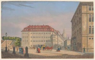 Dresden, der Schlossplatz nach Osten mit Blick auf die Treppe zur Brühlschen Terrasse, das Palais Fürstenberg und die Augustusstraße, rechts das Georgentor