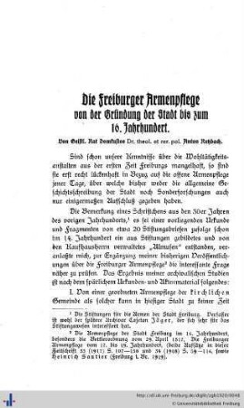 Die Freiburger Armenpflege von der Gründung der Stadt bis zum 16. Jahrhundert.