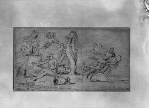 Skizze mit Frauenraub, Dianastatue, Quellnymphe und Eberfell auf einem Baum