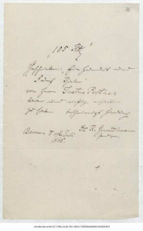 Quittung von Reinhold Grundemann über 105 Thaler, erhalten von Justus Perthes' Geographische Anstalt  : Barmen, 19.07.1865