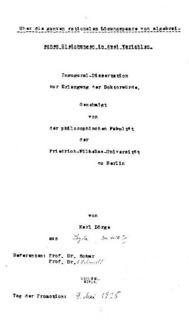 Über die ganzen rationalen Lösungspaare von algebraischen Gleichungen in zwei Variablen