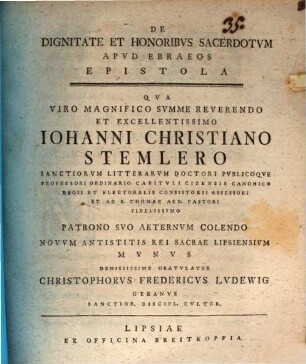 De dignitate et honoribus sacerdotum apud Ebraeos epistola