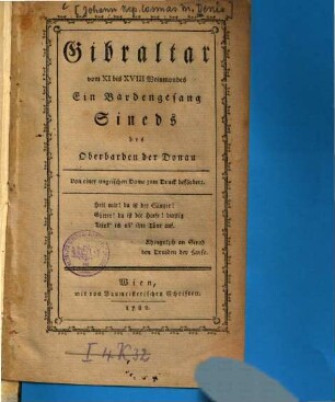 Gibraltar : vom XI bis XVIII Weinmondes ; ein Bardengesang Sineds, des Oberbarden der Donau