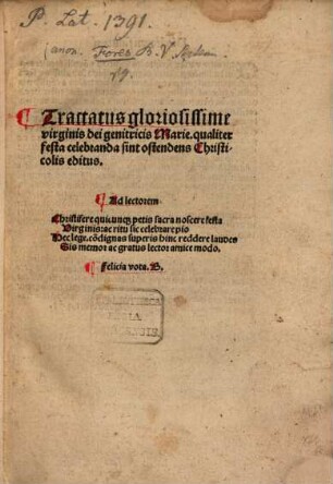 Tractatus gloriosissimae V. Mariae, qualiter festu celebranda sint, ostendens