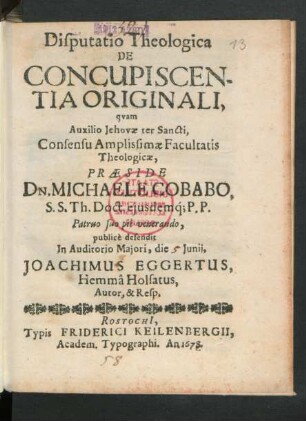 Disputatio Theologica De Concupiscentia Originali