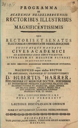 Programma de Academiae Heidelbergensis Rectoribus illustribus et magnificentissimis