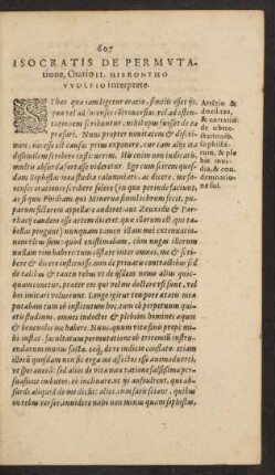 Isocratis De Permvtatione, Oratio II. Hieronymo Wolfio interprete.