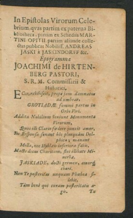 Epigramma Joachimi de Hirtenberg