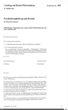 Mittelfristiger Finanzplan 1988-1992