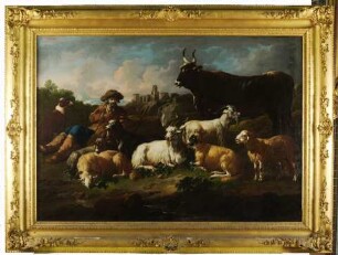 Tierstück. Landschaft mit sitzendem Hirt und Ziegenherde und Stier