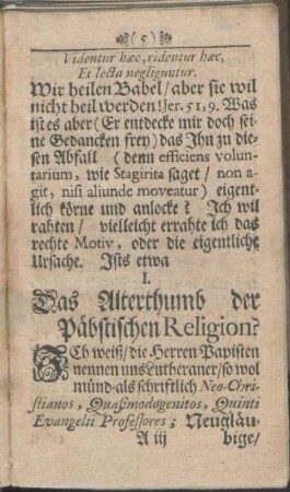 I. Das Alterthumb der Päbstischen Religion?