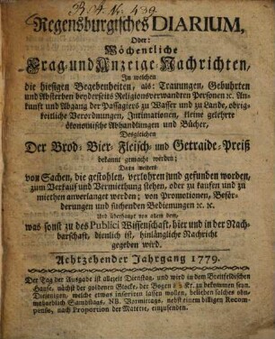 Regensburgisches Diarium oder wöchentliche Frag- und Anzeige-Nachrichten, 1779 = Jg. 18