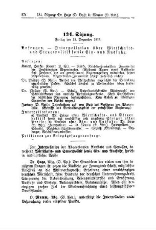 134. Sitzung. Freitag den 19. Dezember 1919