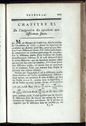 Chapitre XI. De l'intégration des équations aux différences finies.