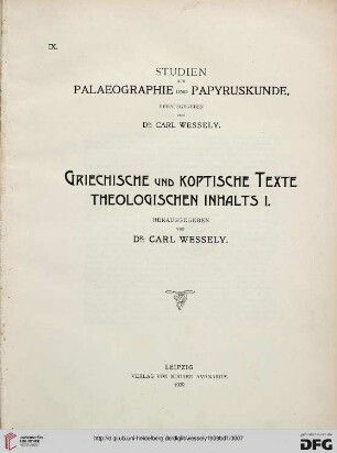 Band 1: Griechische und koptische Texte theologischen Inhalts