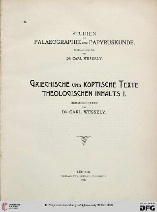 Band 1: Griechische und koptische Texte theologischen Inhalts