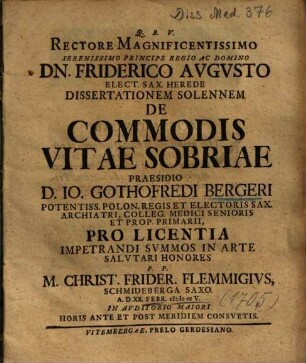 Dissertationem Solennem De Commodis Vitae Sobriae