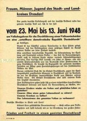 Aufruf zur Einzeichnung in die Liste des Volksbegehrens für Einheit und gerechten Frieden