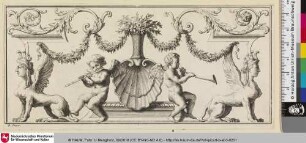 [Ornamentstich mit musizierenden Putti und zwei Mischwesen]