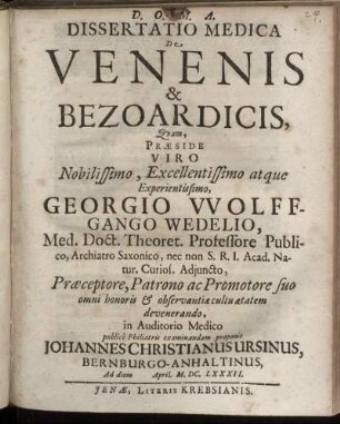 Dissertatio Medica De Venenis & Bezoardicis