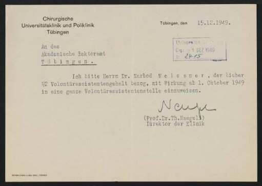 Naegeli an Akadem. Rektoramt. 15.12.1949