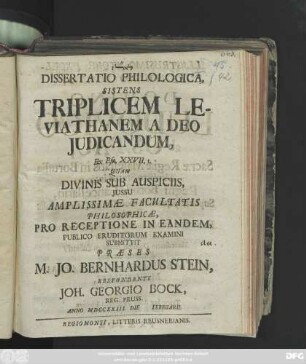Dissertatio Philologica, Sistens Triplicem Leviathanem A Deo Judicandum Ex Esa. XXVII, I.