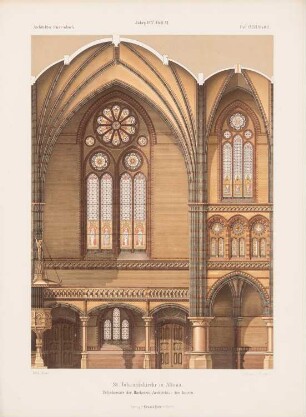 St. Johanniskirche, Hamburg-Altona: Innenansicht Backsteinarchitektur (aus: Architektonisches Skizzenbuch, H. 147/6, 1877)