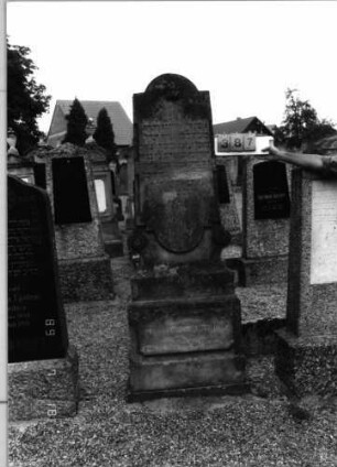 Grabstein 387 (Index: 99797402) Material: Sandstein, weiß Zustand: stark verwittert Maße HxBxT: 200x50x24 cm Beschreibung: Stele mit eingezogenem Rundbogenabschluß, profilierter Sockel Symbolik: Voluten, Rollwerk: Grabstein 387