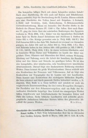 160-161 [Rezension] Sellin, Ernst, Vom babylonischen Exil bis zu Alexander dem Grossen