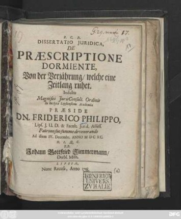 Dissertatio Juridica, De Præscriptione Dormiente
