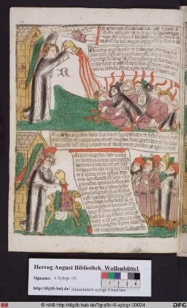 Oben: Ausgießung der vierten Schalen des Zorns (Offenb. 16,8). Unten: Die Ausgießung der fünften Schale (Offenb. 16,10).