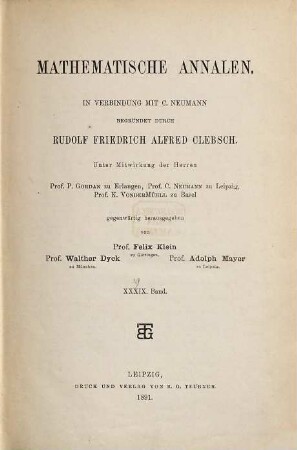 Mathematische Annalen. 39. 1891