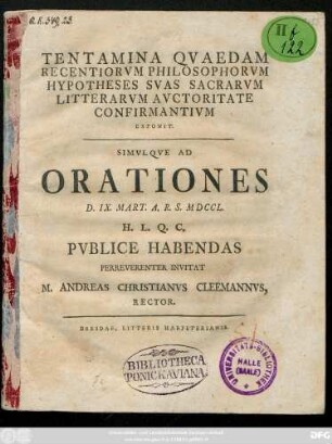Tentamina Qvaedam Recentiorvm Philosophorvm Hypotheses Svas Sacrarvm Litterarvm Avctoritate Confirmantivm Exponit