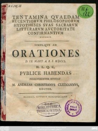 Tentamina Qvaedam Recentiorvm Philosophorvm Hypotheses Svas Sacrarvm Litterarvm Avctoritate Confirmantivm Exponit