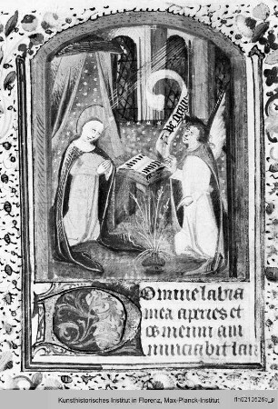 Officium Beatae Mariae Virginis : Seite mit Randseitenbordüre und Text, Miniatur: Verkündigung