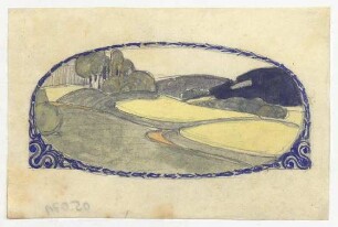 Entwurf Exlibris : Ovales Blanko-Exlibris mit Landschaftsdarstellung