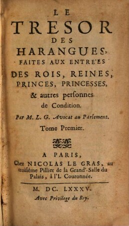 Le Tresor Des Harangues, Faites Aux Entrées Des Rois, Reines, Princes, Princesses & autres personnes de Condition, 1