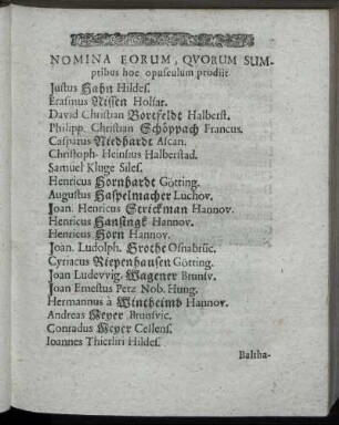 Nomina Eorum, Quorum Sumptibus hoc opusculum prodiit.