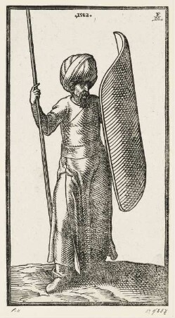 Soldat mit Lanze und Schild, aus: Melchior Lorch, "Des Weitberühmten Kunstreichen und Wolerfahrnen herrn Melchior Lorichs, Flensburgensis Wolgerissene und geschnittene Figuren zu Ross und Fuss sampt schönen Türkischen Gebäuden und allerhand was in der Türkey ze sehen", Hamburg 1626