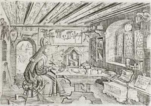 Der heilige Eligius in der Werkstatt : Saldörffer, Conrad (tätig um 1563/83): Der heilige Eligius Schutzpatron der Goldschmiede in einer Goldschmiedewerkstatt. Dresden: Kupferstich-Kabinett A 4987 in A 130a,1
